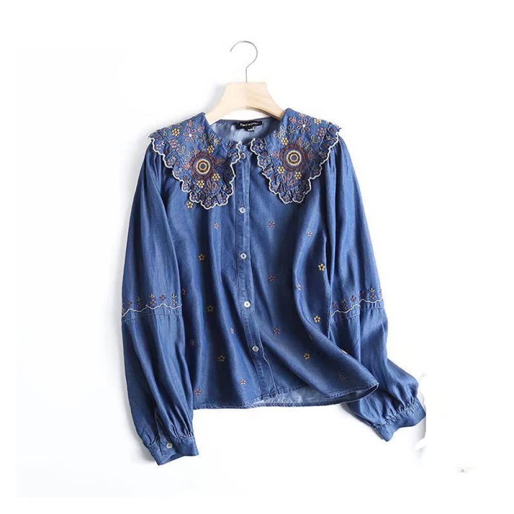 MIDJ Elegantes Lässiges Langarm-Top,Damen Stickerei Vintage Denim Blusen Hemd Langarm Lässige Knopfhemd Jacke Blaues Revers Laternenärmel Patchwork Blusen Tunika Leichtes Jeans Sweatshirt Für Mädchen