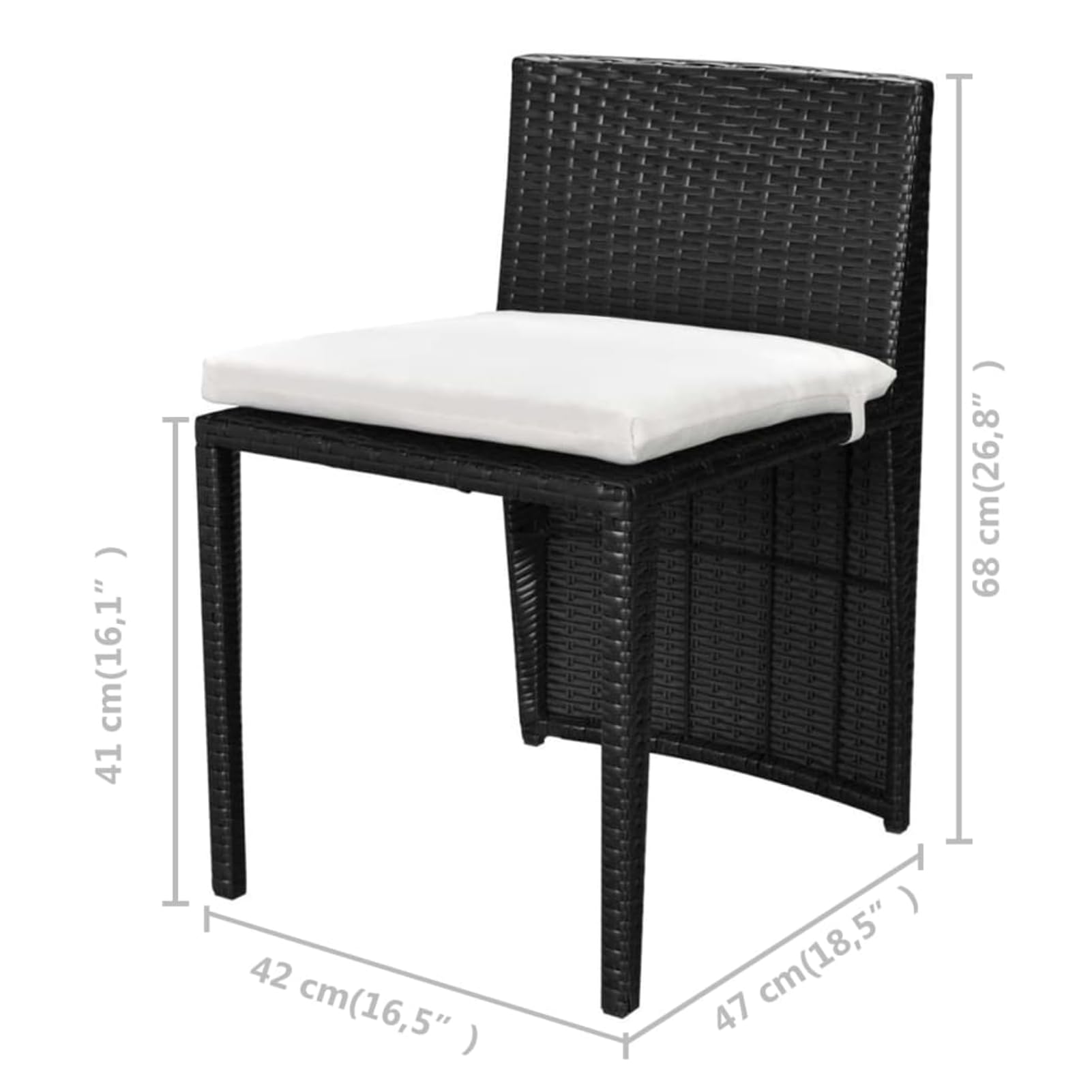Set da pranzo da giardino in polyrattan nero, impermeabile, leggero e impilabile, tavolo da 60 x 48 x 70 cm + 2 sedie con cuscini bianco crema, per piccoli spazi esterni