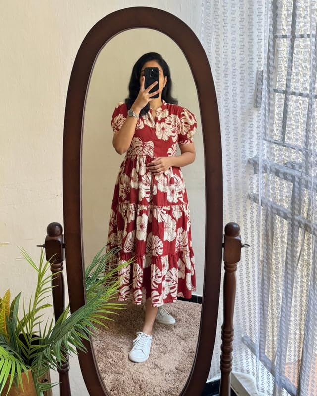 Image of Floral Midi Dress for Women - Summer Boho Dress, Lightweight & Breathable, Elegant Floral Print, Casual & Vacation Outfit, Comfortable Flowy Dress for Women