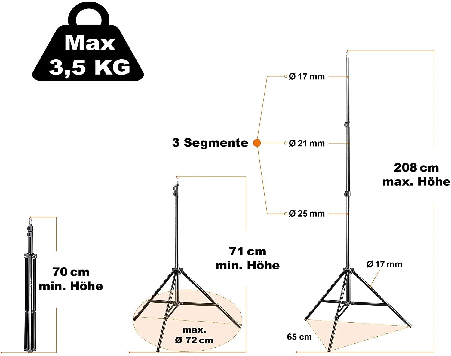 Walimex pro WT-803 - Juego de 3 trípodes para lámpara (208 cm, Aluminio, Altura máx. 208 cm, Carga máxima de 3,5 kg, para fotografía, Estudio, vídeo, Flash, luz de Anillo, con Bolsa y Adaptador)