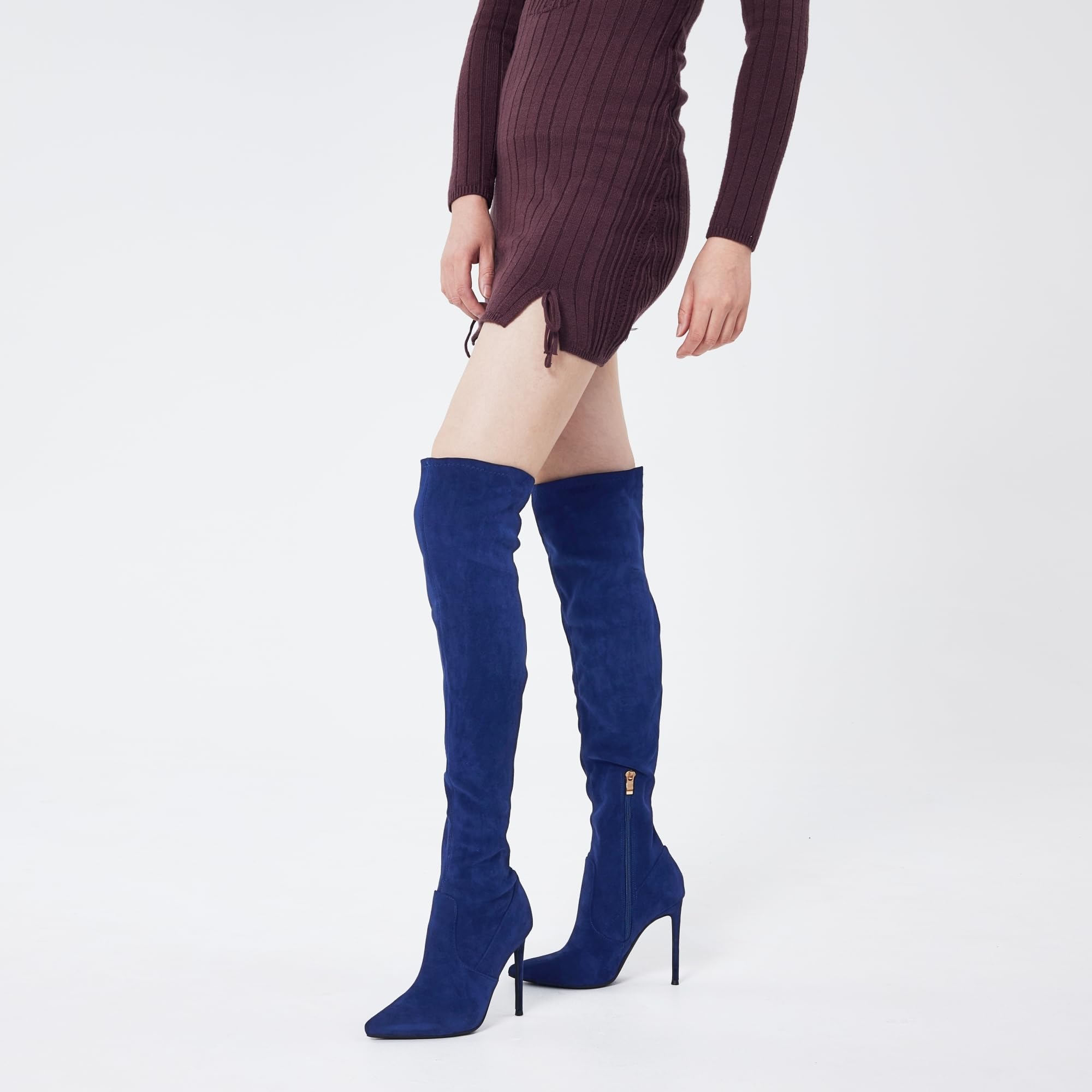 GENSHUO Botas altas hasta el muslo para mujer con tacón de 11 cm de alto, piel de ante sintética, punta sexy, botas largas con tacón de aguja