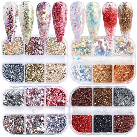 4 Boxes Nail Art Glitter Sequins Powder,24 Colors Laser Iridescent Irregular Hexagon Mermaid Green Purple Gold Mixed Holographic Glitter Flakes Powder Nail Art Design Chunky Sequins Cover