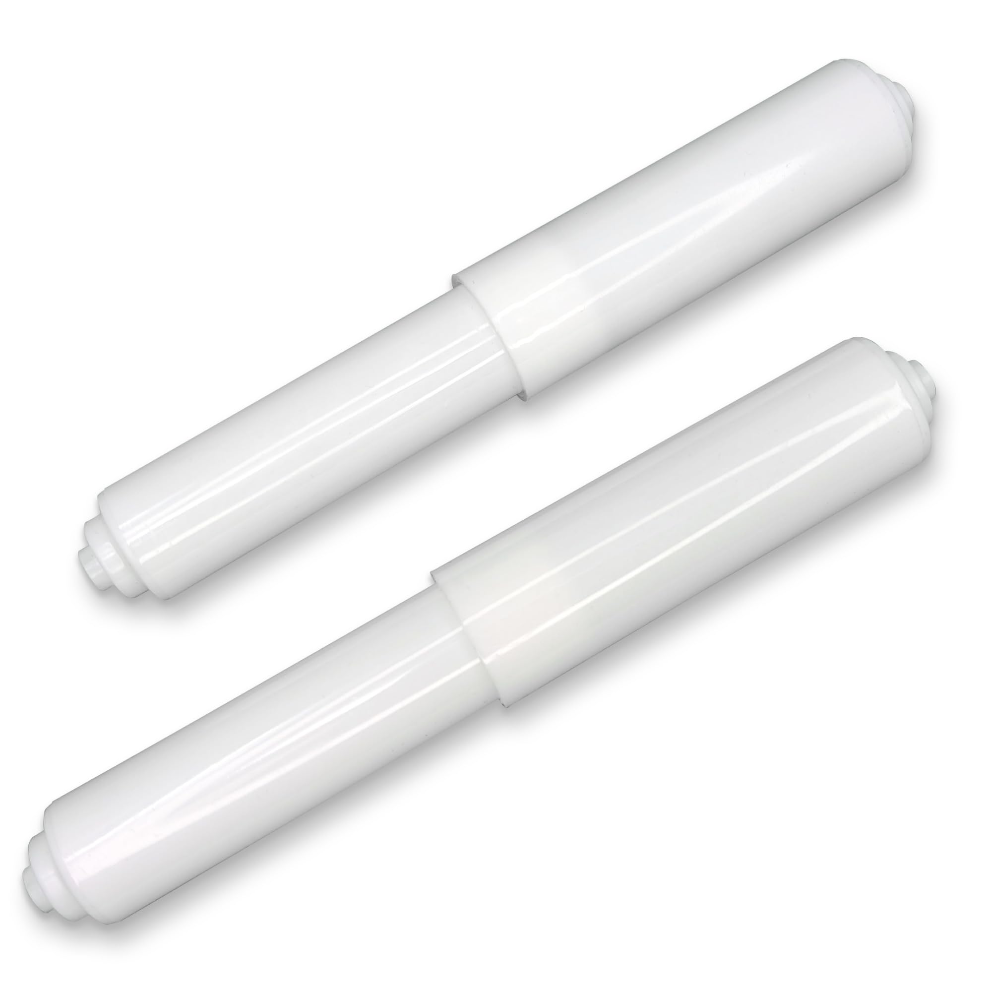 Spring Action - Rodillos de repuesto para papel higiénico, color blanco, paquete de 2 husillos, extremos escalonados para un ajuste seguro, rotación suave, compatibilidad universal,