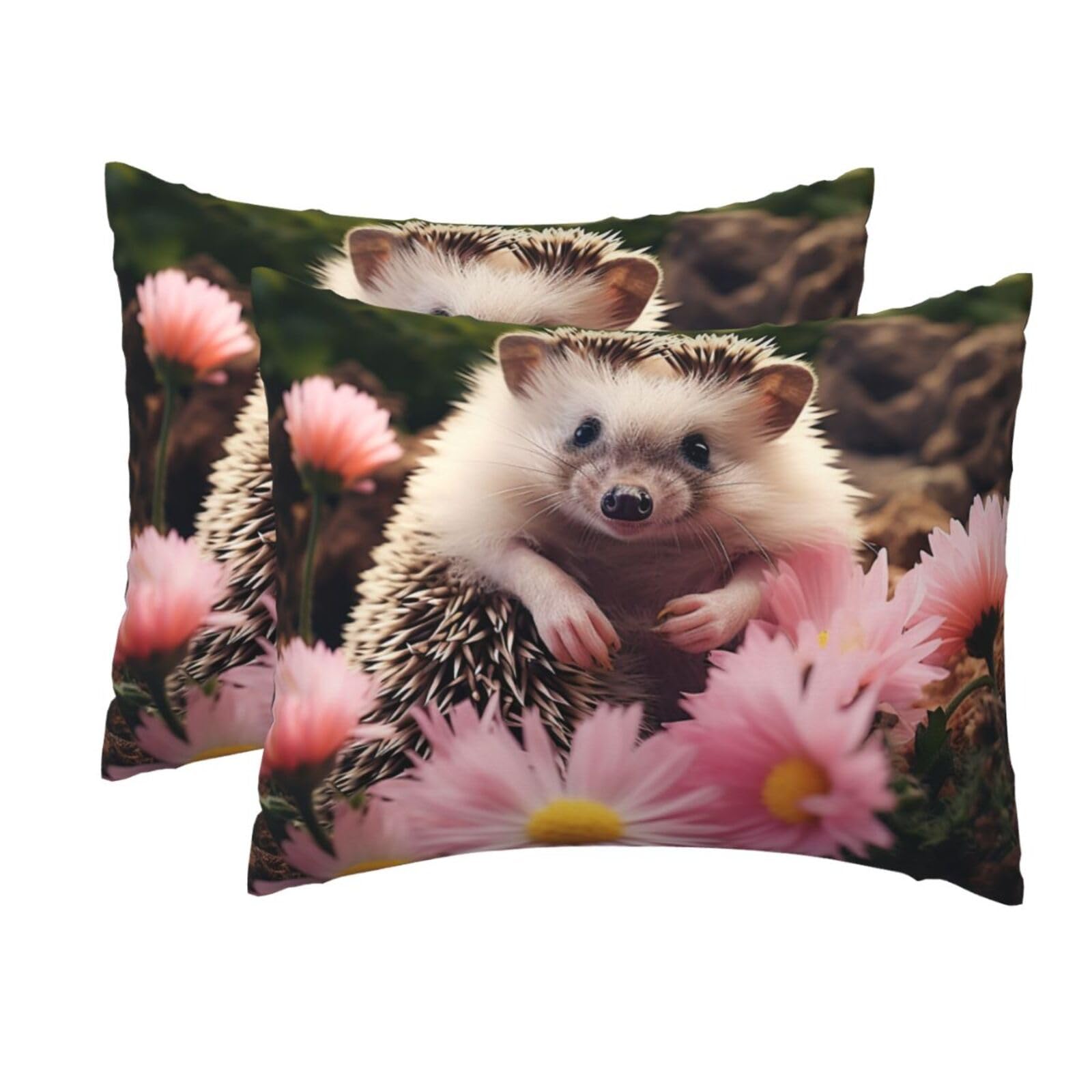 2 Pack Standard Pillow Cases with Hidden Zipper, Soft Breathable Pillow Covers for Hair and Skin, Cute Hedgehog in Flowers Pillowcases 20"x26" Bed Pillow Protectors Cover for Sleeping Gifts