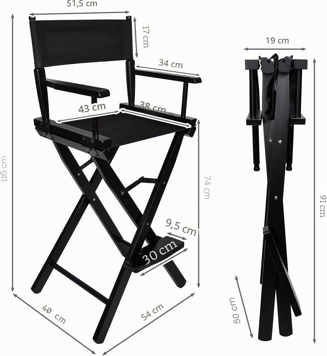 Generico Chaise de maquillage pliable en bois de hêtre, assise Oxford 600D, portée 140 kg, noir