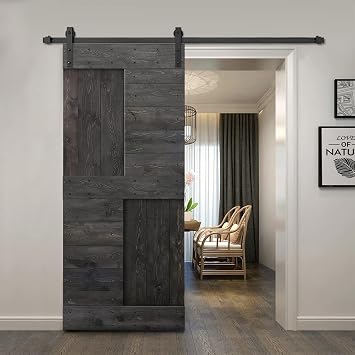 TMS N Series Stained Solid DIY Knotty Pine Wood Interior Sliding Barn Door with Sliding Hardware Kit 24 X 84, Charcoal Black