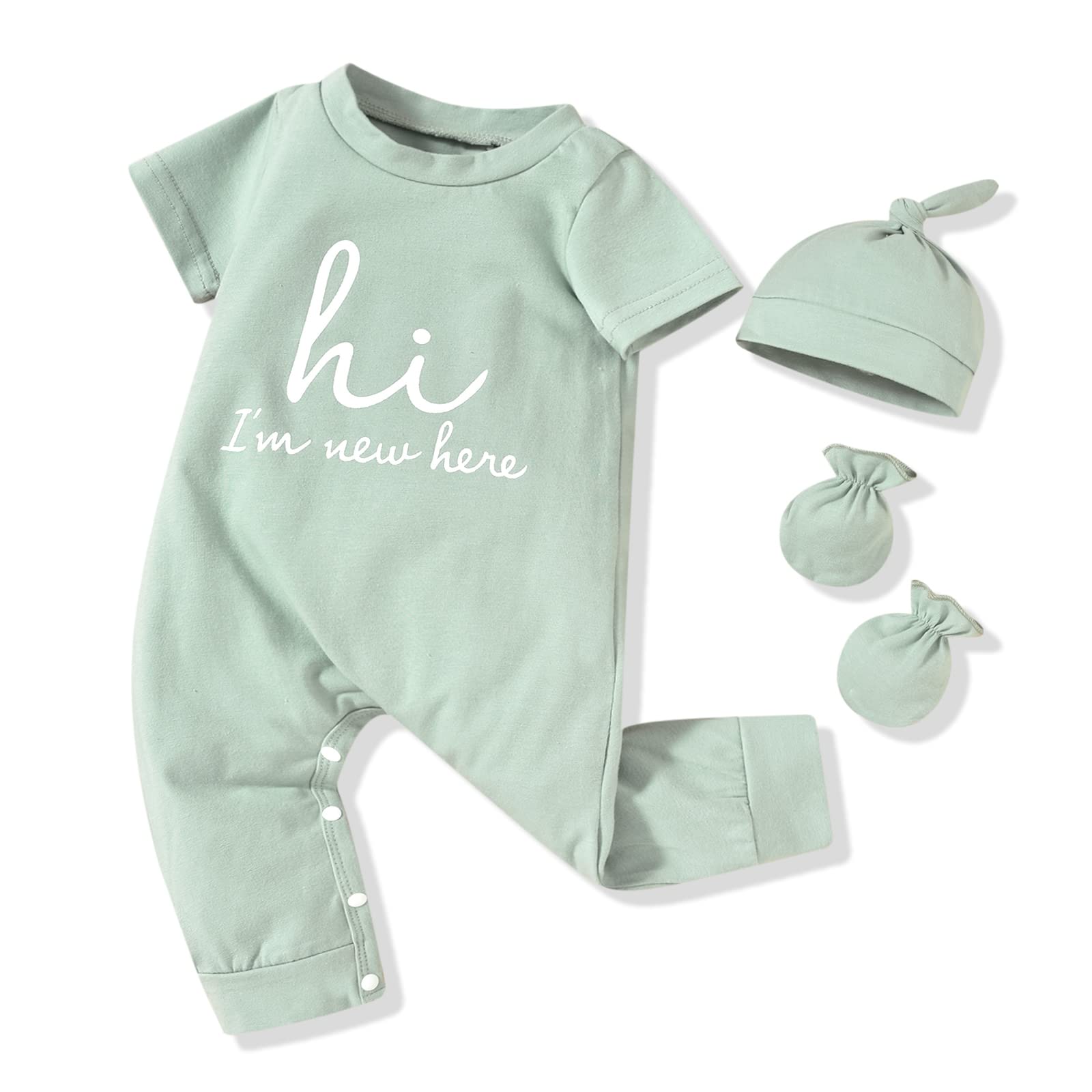 HINTINA Newborn Baby Boy Romper Coming Home Outfits Letter Printed Jumpsuit Hat Glove Outfits