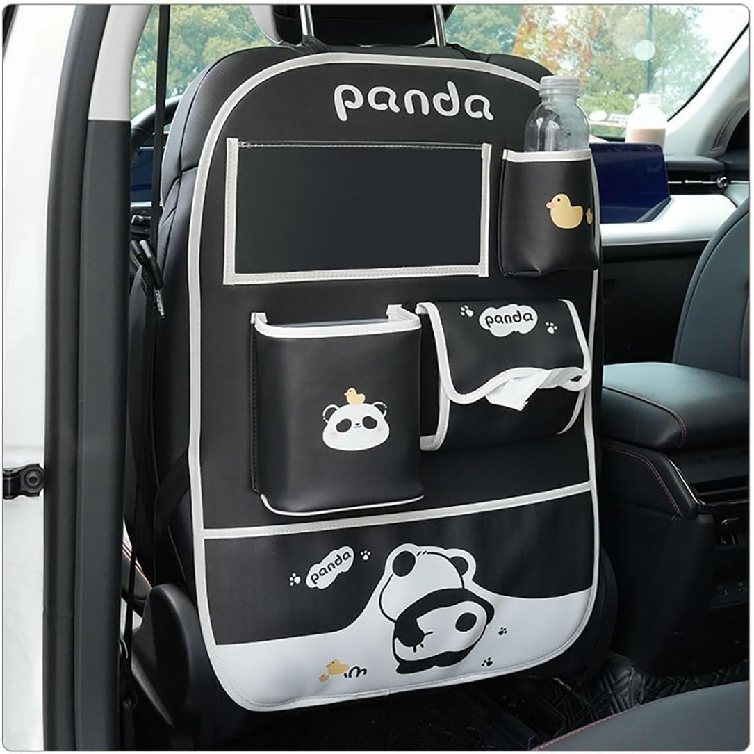 Panda Car Backseat Organizer, Black and White Leather, 26.3x18.1 Inch, with Tablet Holder, Multi-Storage Pockets, Bottle Holder, Tissue Box, Dust Bin, Kick Mat Protector for Kids Travel