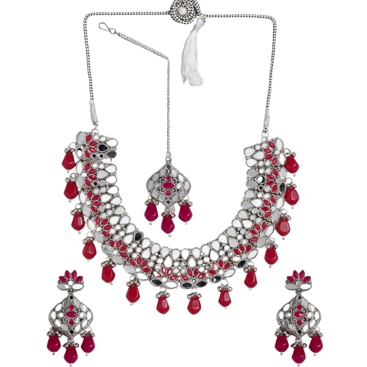 ACCESSHER Oxidised Silver Jewellery Set embellished with Mirror Kundan and Ruby drops for women | Navratri Jewellery | (B09NC8QQ9Q) Amazon Price History, Amazon Price Tracker