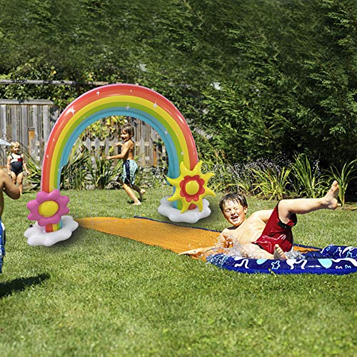 Rabosky Inflatable Rainbow Water Sprinkler, Large Outdoor Yard Water Toys for Toddlers and Kids, Unique Asymmetrical Design, 86" x 70", 2 Big Inflatable Frisbee Bring Kids More Summer Lawn Water Fun