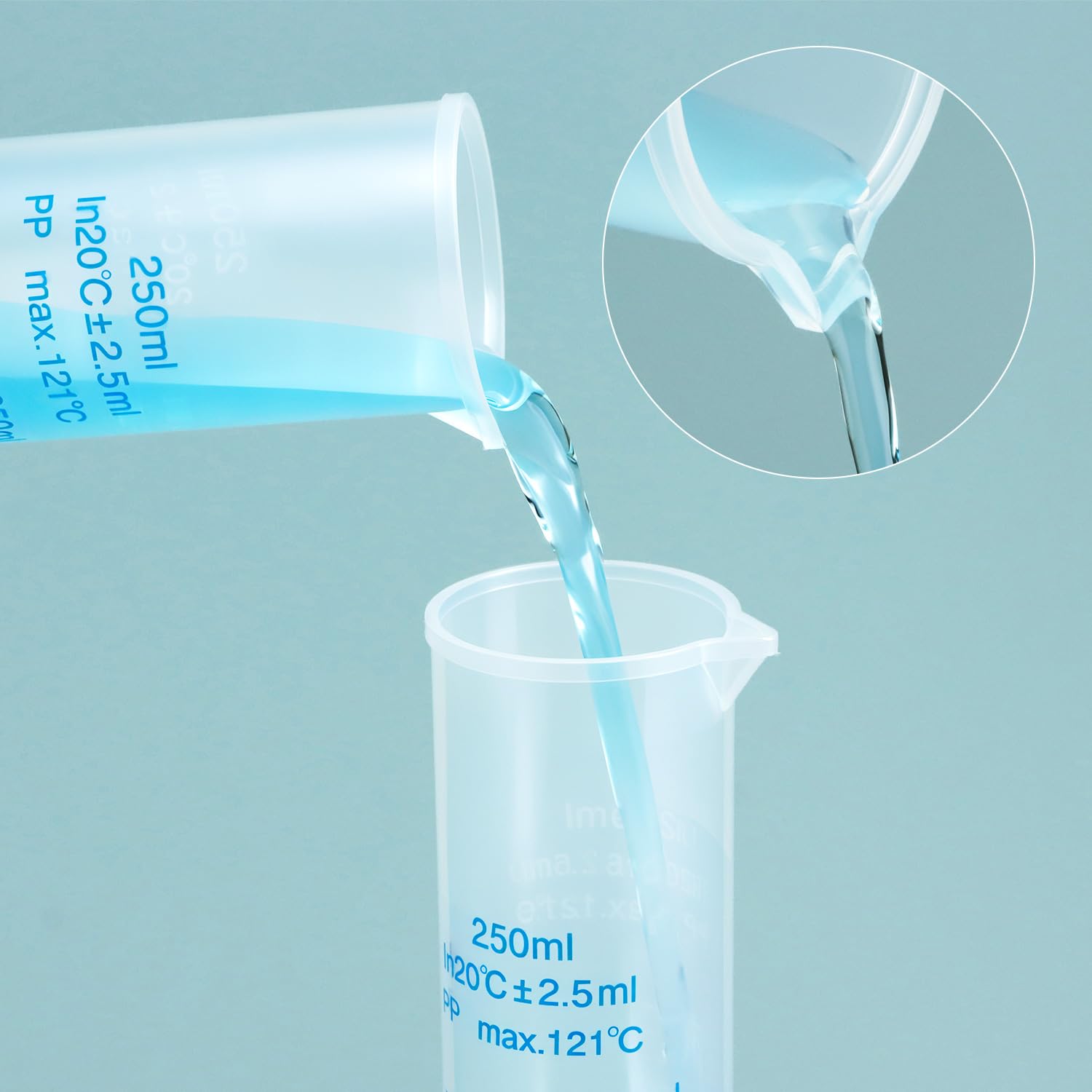 QWORK Confezione da 6 cilindri graduati in plastica, cilindri graduati da 250 ml, cilindro scientifico per provette, doppia linea di marcatura, cilindro graduato con beccuccio per versare