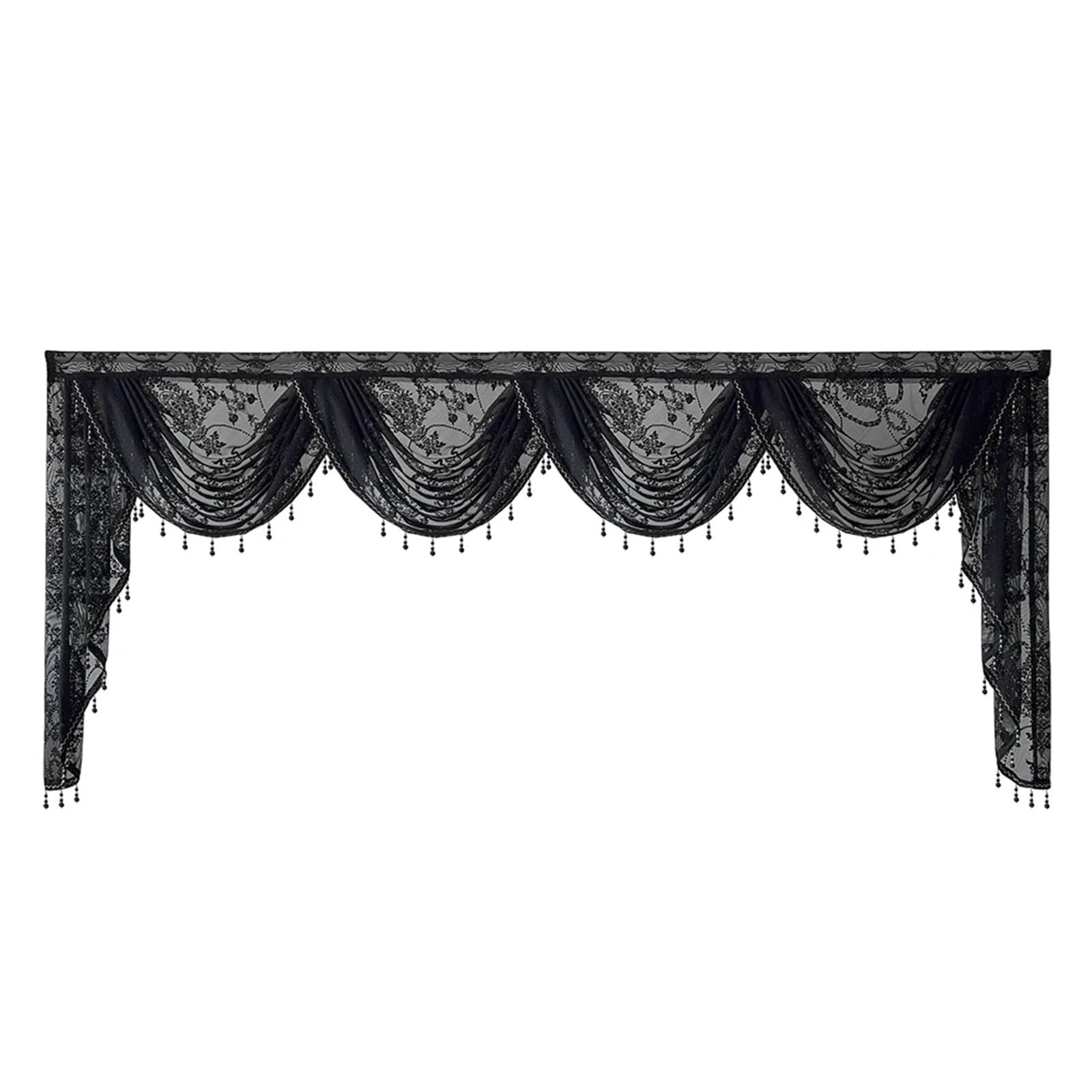 MFESFCS Swags For Windows Black Lace Sheer Flower Valance Curtain Beaded Wavy Waterfall Scallop For Living Room Rod Pocket Top Window Drape(1PC W250cm-4swags)