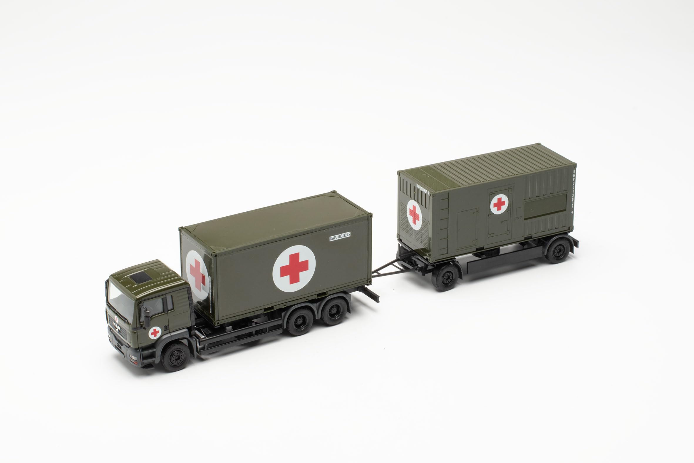 Herpa modello di camion MAN TGA L Container-Hängerzug "Bundeswehr/SAN", in scala 1:87, pezzo da collezione, modello tedesco, statuetta plastica