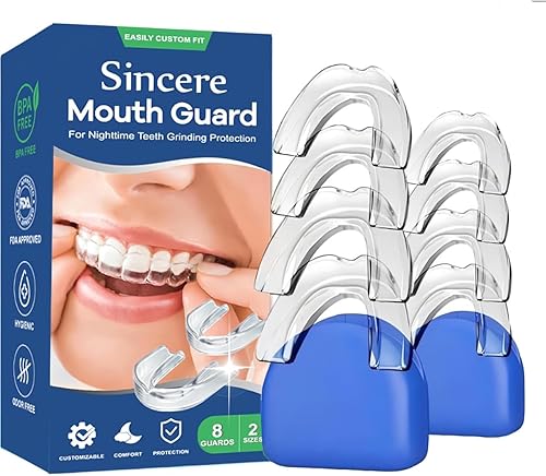 Sincere Protector bucal para rechinar dientes por la noche, deportivo atlético, bandeja blanqueadora, 2 tamaños, paquete de 8 con estuche de viaje,