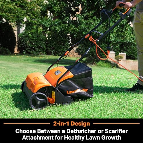 Image of LawnMaster GVB1316 Electric 16 inch 13 Amp Dethatcher and Scarifier with 12 Gallon Collection Bag