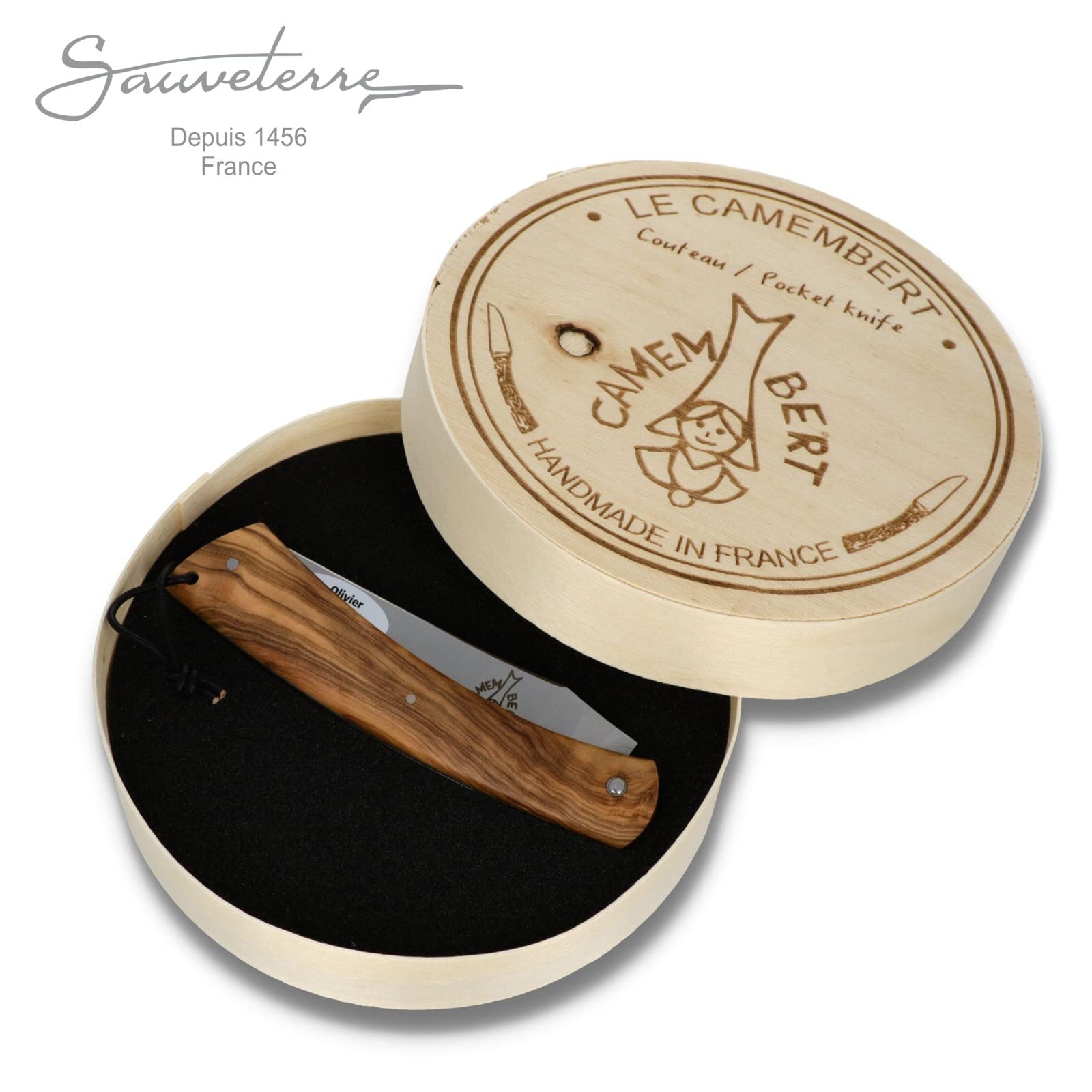 Sauveterre Le Camembert Taschenmesser - 11 cm voller Griff Olivenholz - Klinge satiniert - Messer Frankreich handgefertigt