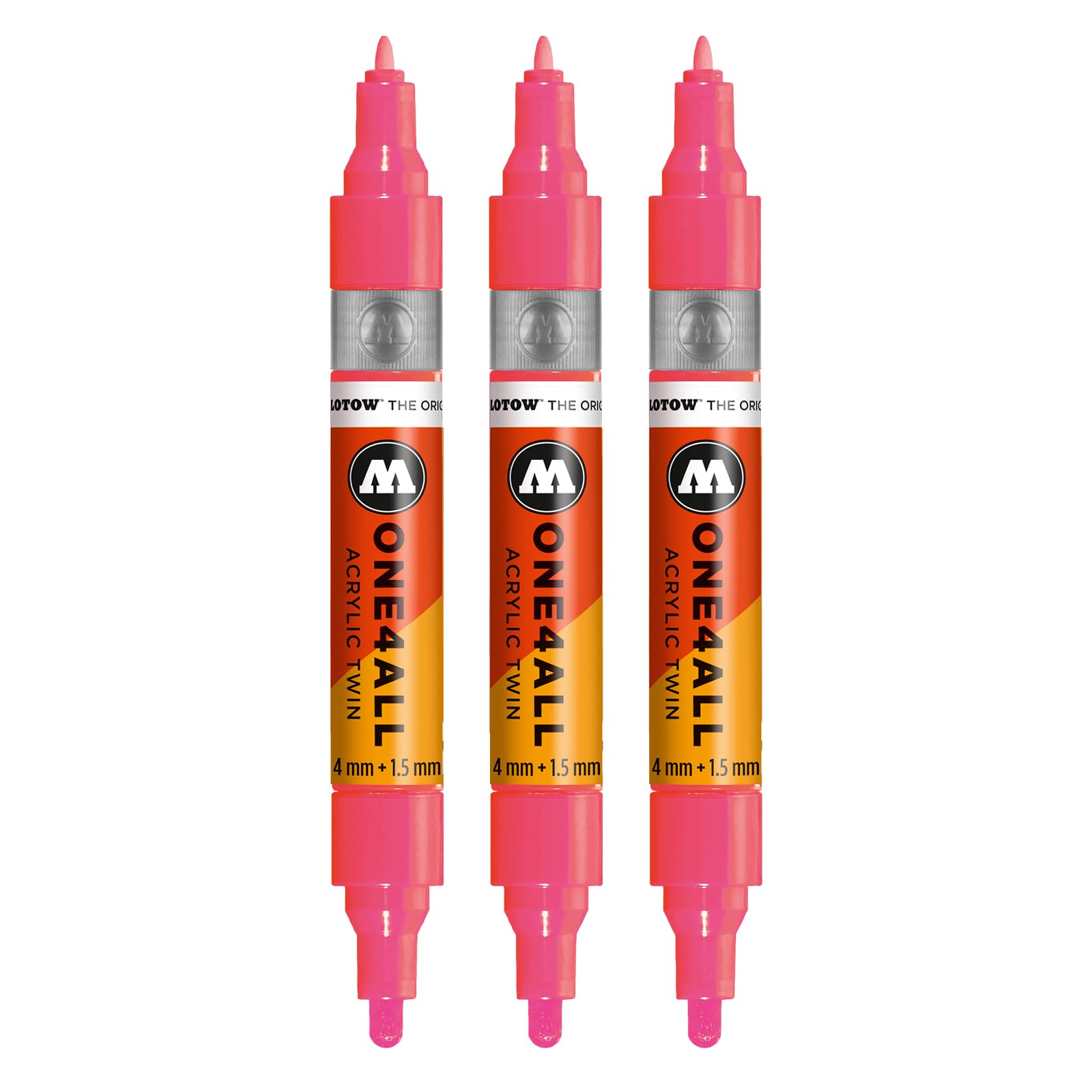 Molotow One4All Acrylic Twin Marker (1.5 and 4.0 mm Line Width, Highly Opaque and Permanent, Quick Drying, Refillable, for Almost All Surfaces) Pack of 3, Colour 262 Antistatic Neon Red Fluorescent