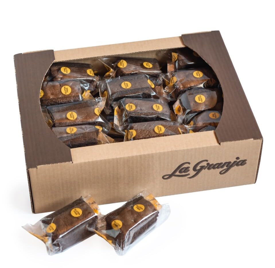 Bizcocho de Cacao con Chips de Chocolate - La Granja - Sin Gluten y Sin Lactosa. 30 Unidades. Envueltas de forma Individual.