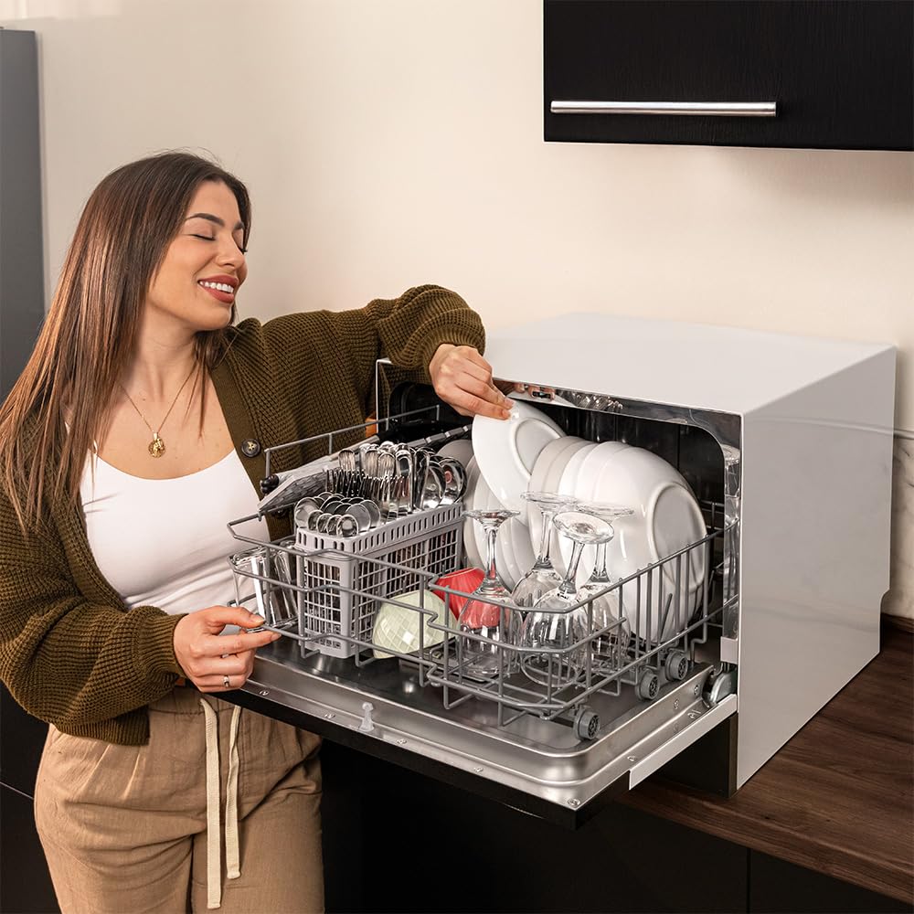 Cecotec Lavavajillas Compacto Libre Instalación 6 cubiertos Bolero Aguazero 2300. 6 Cubiertos, 8 Programas, Clase D, Colour Touch Panel, Machine Care, Delay Start, Función Pre-Wash, Dry+, Germ Shield