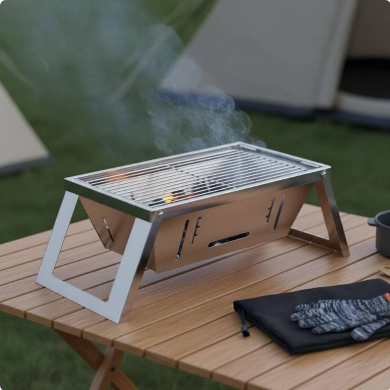 Grill Barbecue Pieghevole Portatile Griglia Fornello Braciere Struttura Unificata Assemblaggio Rapido Piano di Cottura Grande Acciaio Inox Alimentare, L, Standard