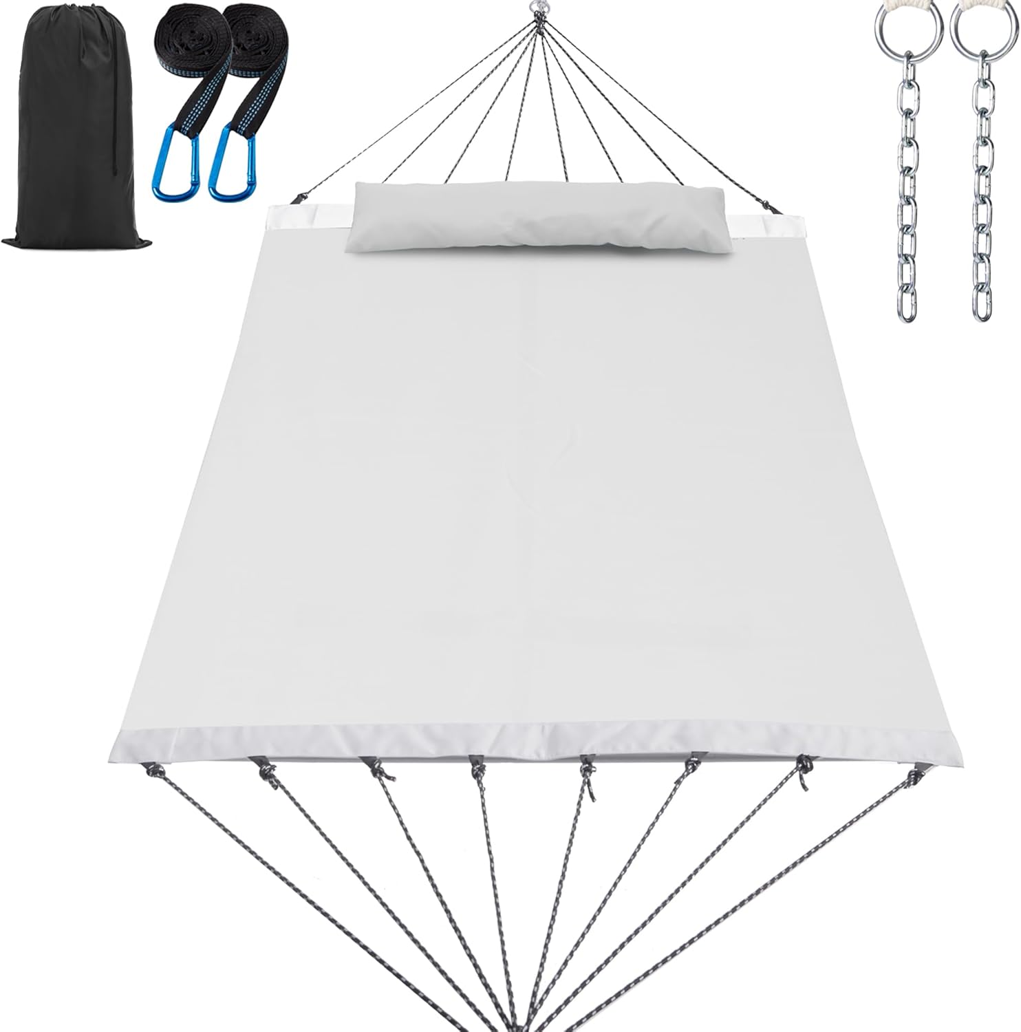 14ft Two Person Outdoor Hammock, Portable Camping with Folding Steel Spreader Bar, Carrying Bag, Carabiners, Tree Straps, Pillow & Sidebag, Quick Dry Textilene, 550 lbs Capacity (Ivory)