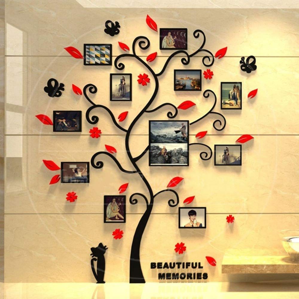 Tossper Red 3D Acrylic Photo Frame Tree Wall Sticker Living Room Bedroom Wall Decals Poster Family Pitcher Decorative Wallpaper