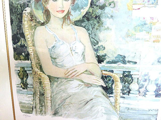 【真作】絵画　ベルナール・シャロワ　瞑想　肘掛け椅子の少女　リトグラフ　サイン 真作】絵画ベルナール・シャロワ瞑想肘掛け椅子の少女リトグラフサイン