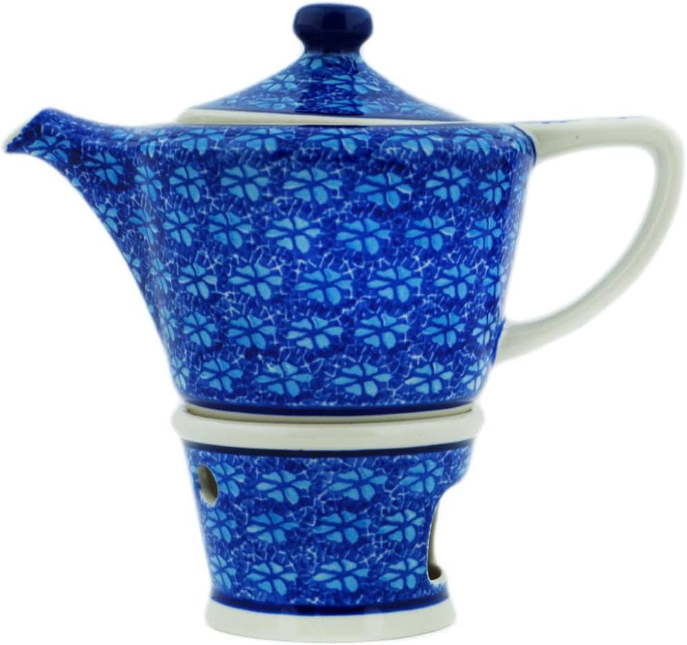Polmedia Polish Pottery Tea or Coffee Pot with Heater - Deep Into The Blue Sea Pattern Handmade in Boleslawiec Poland by Ceramika Artystyczna + Certificate of Authenticity