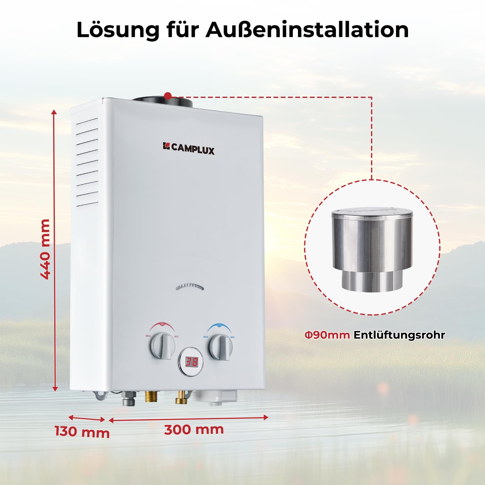 CAMPLUX BW158C Scaldacqua a Gas Tankless, 6 Litri, 12kW, Butano (28-30 mbar) / Propano (37 mbar), per Doccia da Campeggio