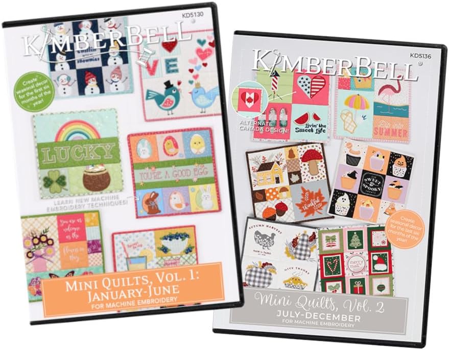 Kimberbell Mini Quilts Vol 1 & 2 Bundle – 12 Seasonal Machine Embroidery Quilt Designs (Jan-Dec), 12x12 Mini Quilts for 5x7 or Larger Hoops, Includes SVG Files for Cutting Machines