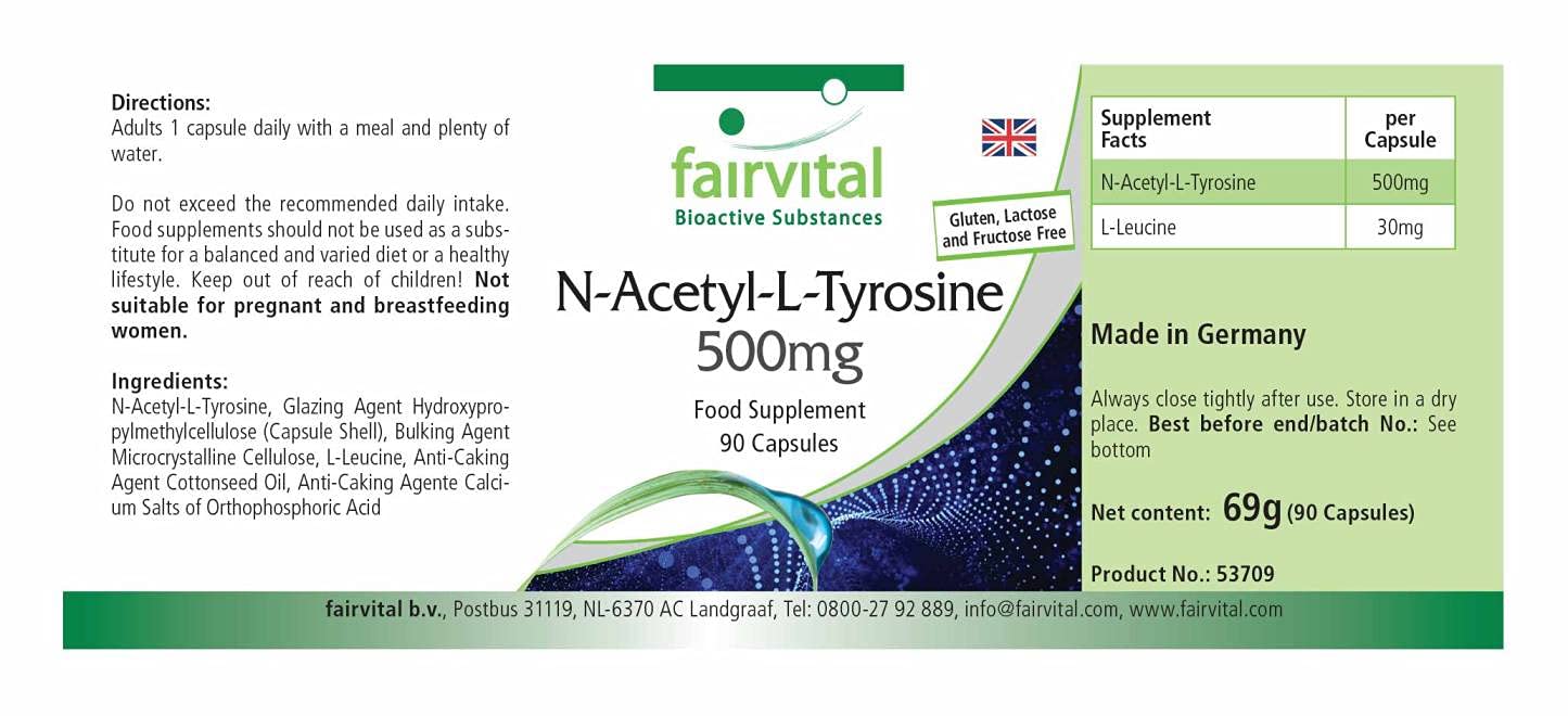 fairvital N-acetil-L-tirosina, 90 capsule NALT per 3 mesi, ad alto dosaggio, forma avanzata di L-tirosina