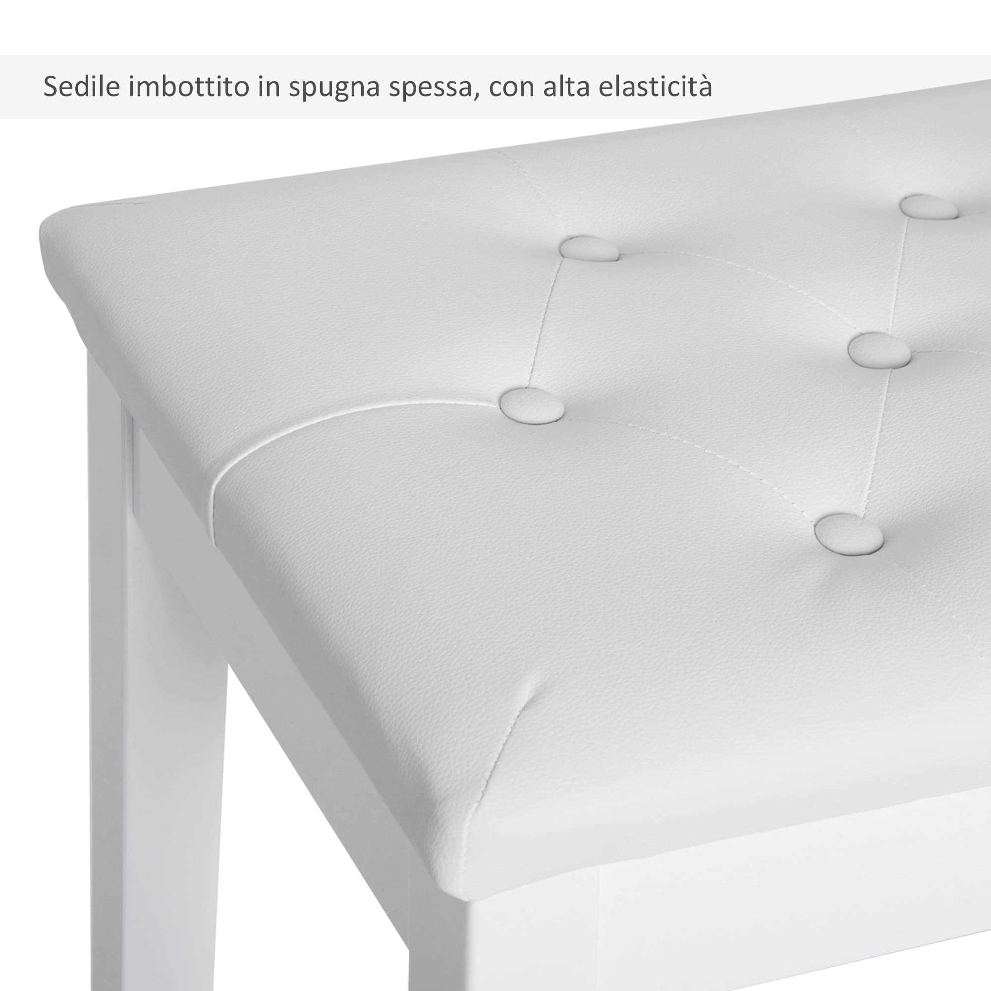 HOMCOM Sgabello Pianoforte Professionale con Vano Portaoggetti Ecopelle, Legno 76 × 36 × 50cm Bianco