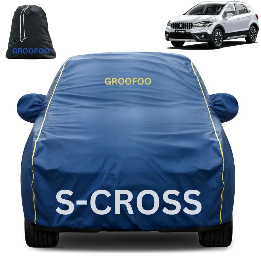 Waterproof Car Body Cover Compatible with Maruti Suzuki S Cross | Triple Stitched Bottom Elastic Dustproof UV Heat Scratch Resistant Full Body Vehicle Protection Cover (Blue Yellow)-image-1