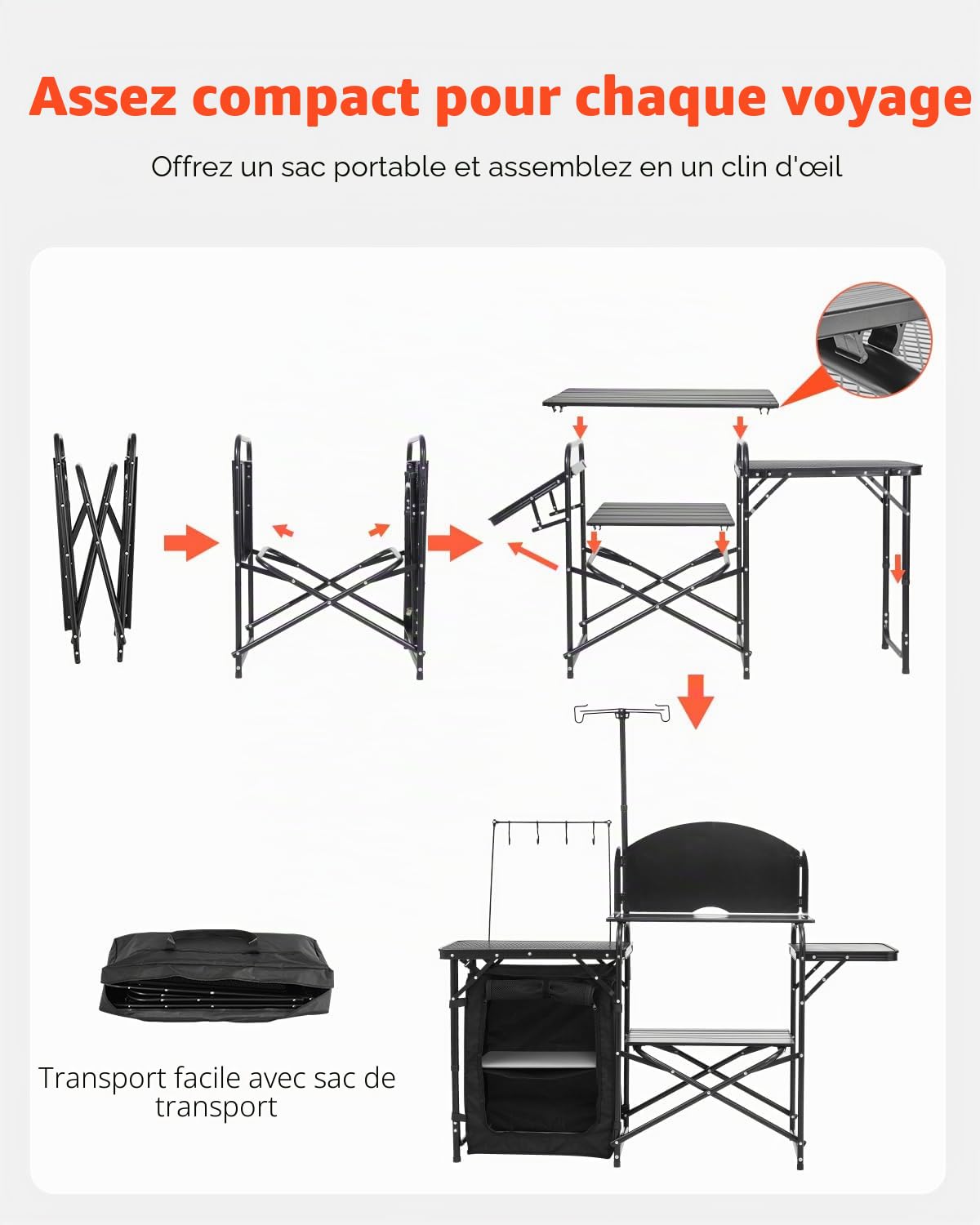 VEVOR Cuisine de Camping Portable en Aluminium, Table de Camping en Plein air, avec Placard de Rangement, Sac de Transport, Pare-Brise Amovible, Installation Rapide pour Barbecue, Pique-Nique, Noir