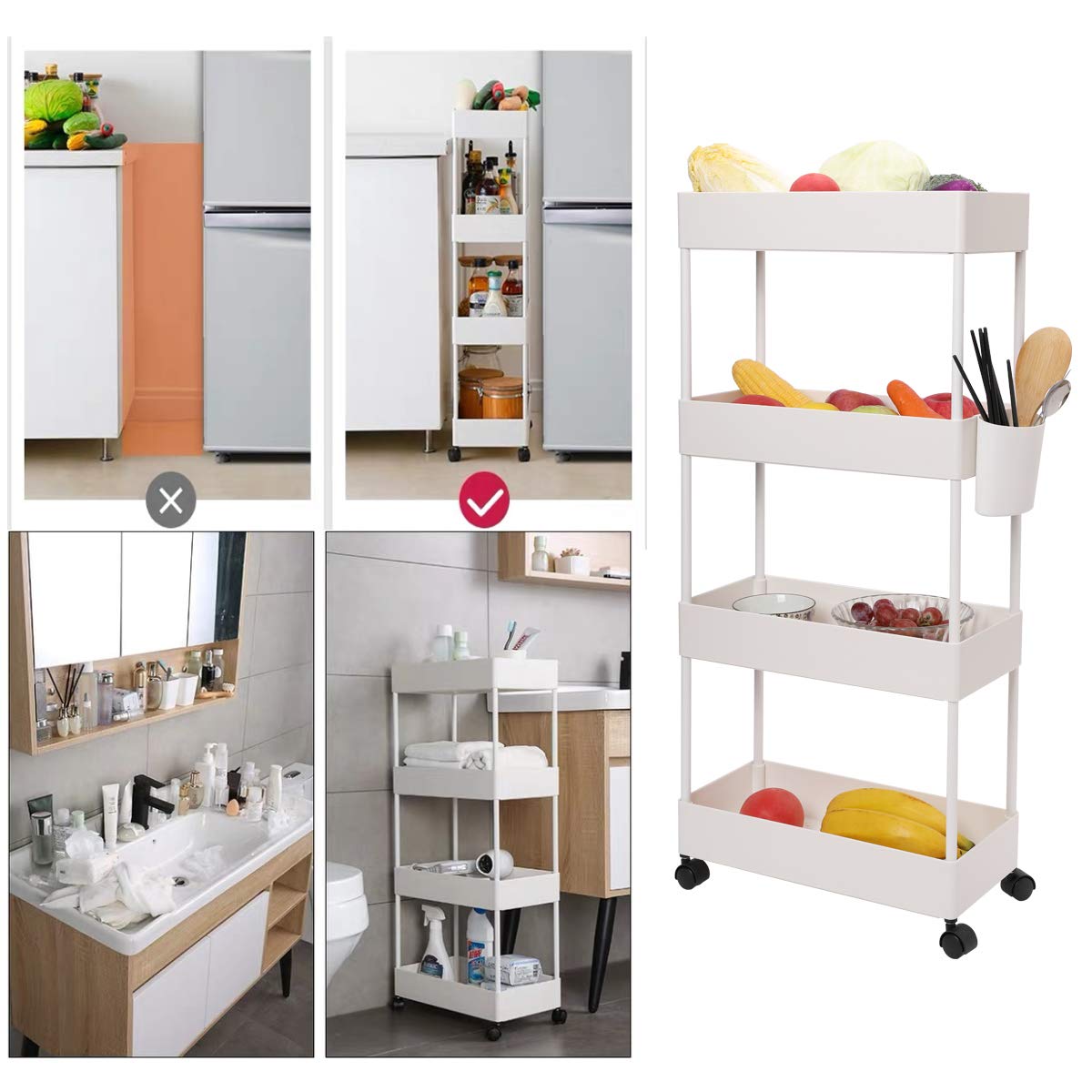 Carro de Almacenamiento Multifuncional de 4 Capas para Cocina, baño, lavadero, Oficina (Blanco)