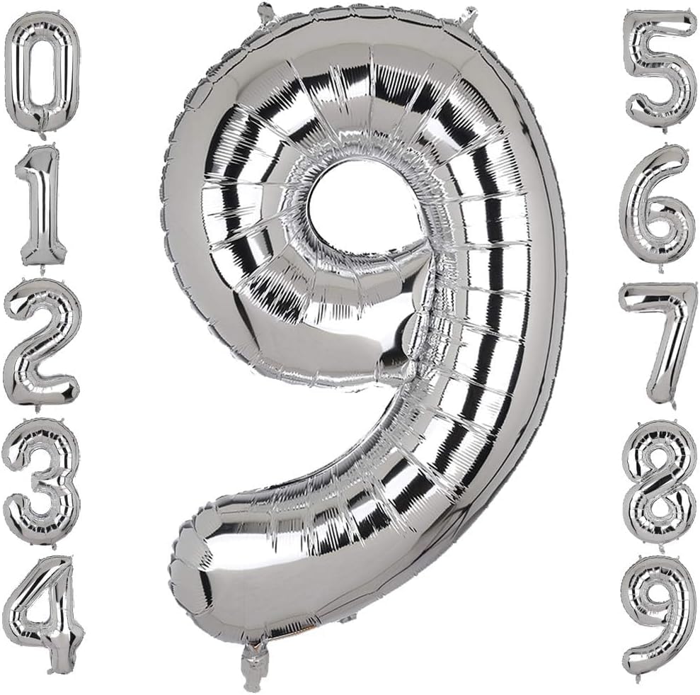 Goldedge Number 9, 32 Inch Number Balloons Foil Silver - Glamorous Party Decorations for Birthdays, Anniversaries, and Special Events