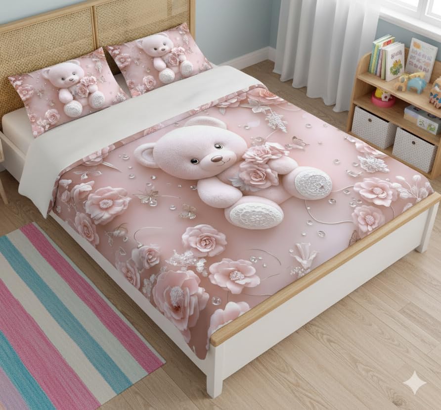 Image of Premium 7D Printed King Size Bedsheet Set with Pillow Covers Soft Cotton Blend Double Bedsheet for Home (Pillow Covers :18x28 inches Bedsheet :90x100 Pink Teddy)