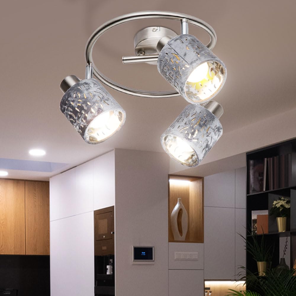 Deckenleuchte 3 Flammig Spotleuchte schwenkbar Deckenlampe Samt, Metall silber, 3x E14 Fassungen, DxH 25x15 cm