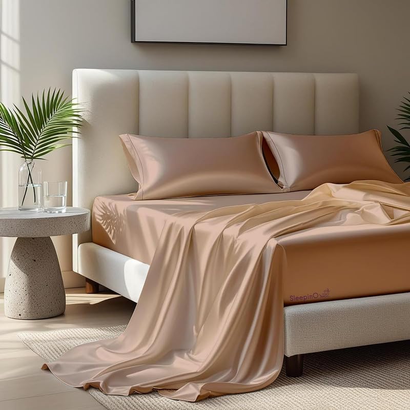 Image of Premium Satin Single Bed (60x90 Inchs) with 1 Pillow Cover Bedsheet Ultra Soft & Silky Smooth, Breathable Cooling Fabric, Luxury Glossy Finish|Bear Beige