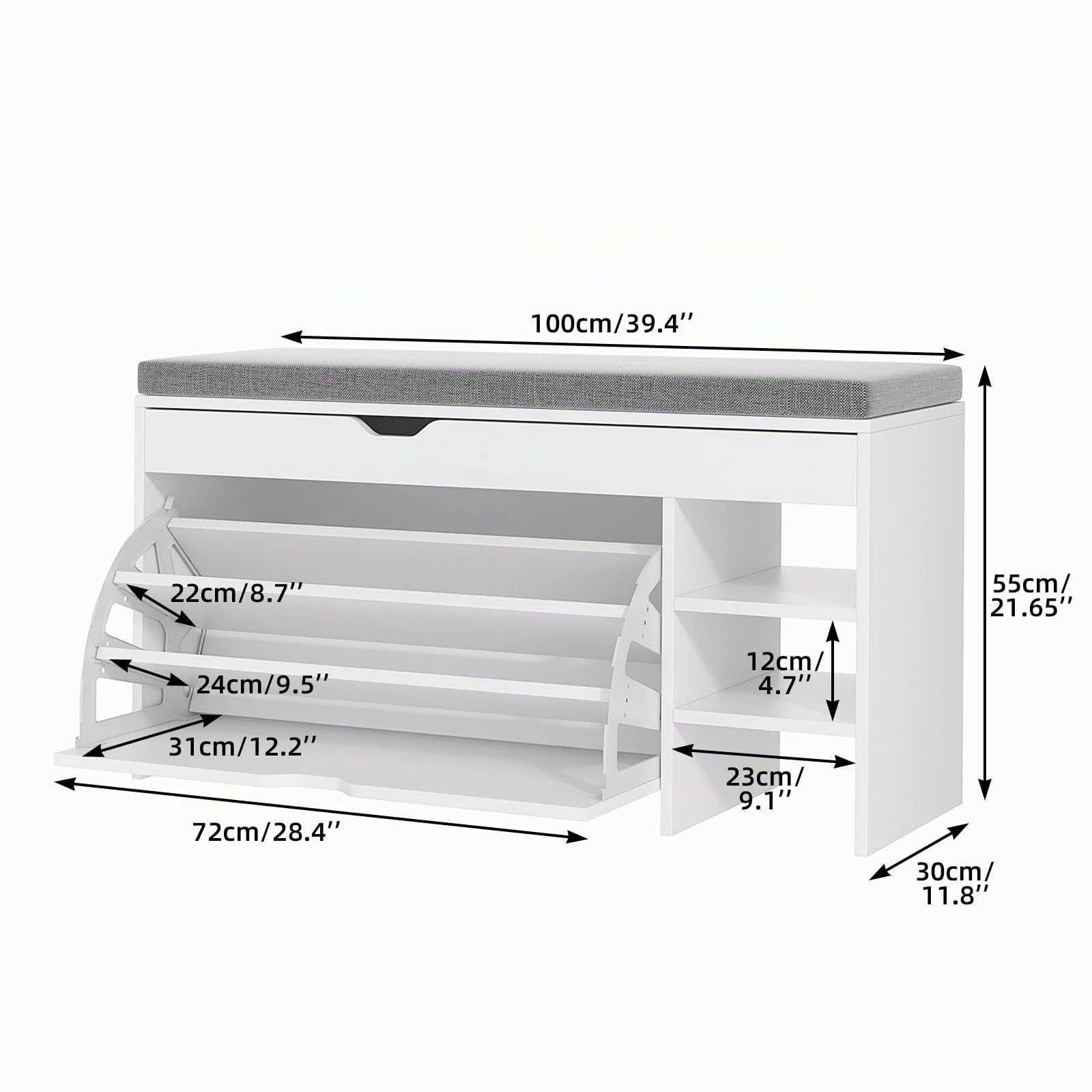 VOWNER Zapatero Estrecho, Banco Zapatero, Zapatero Entrada Recibidor, 100 x 30 x 55 cm, Madera, para Entrada Estrecha, Pasillo, Alla de Zapato, Blanco