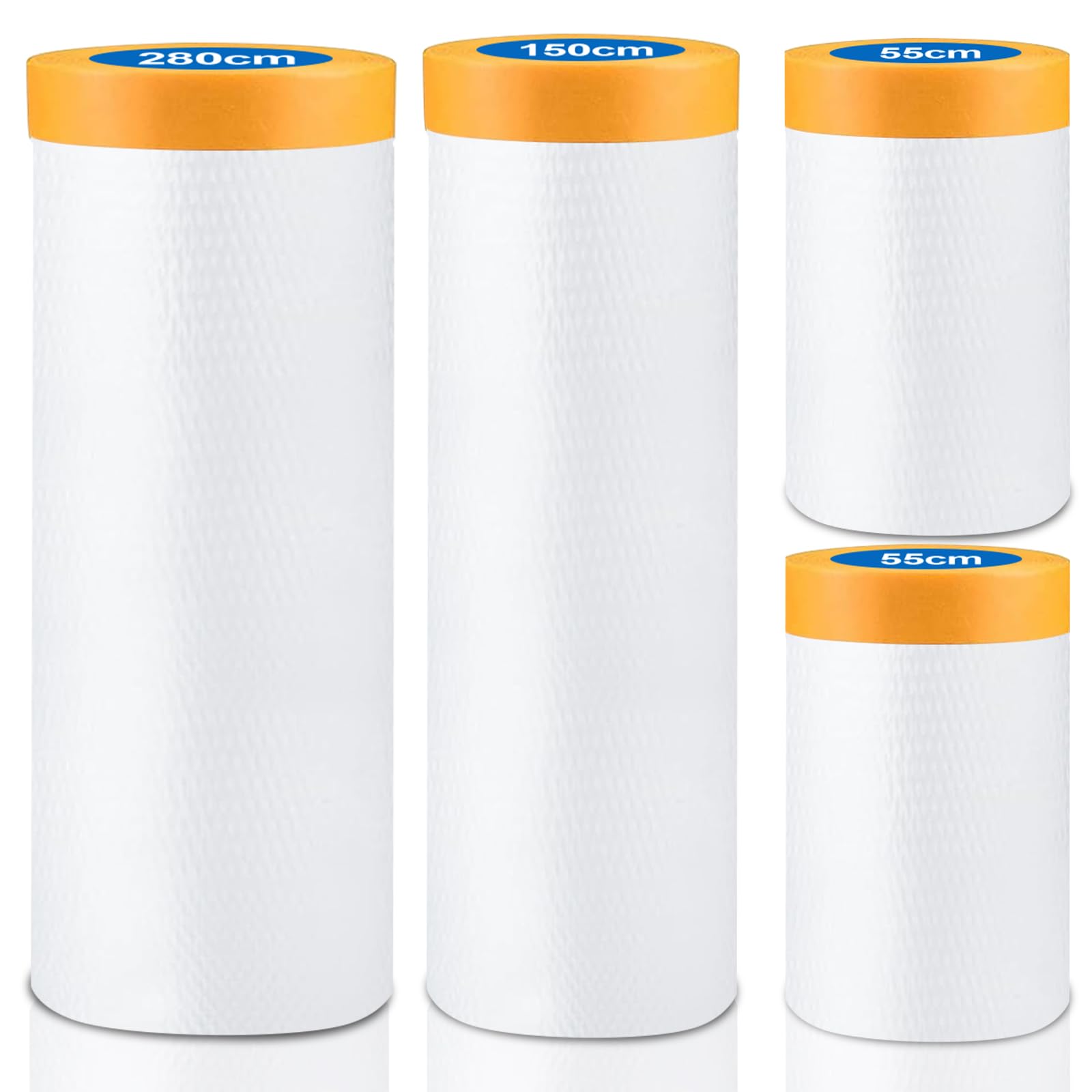 80m-4 Rotoli Teli Copritutto per Imbianchino,Telo Plastica Copritutto con Nastro Carta,3 Taglie Plastica Telo di Copertura con Biadesivo,280CMx20M,150CMx20M,55CMx20M