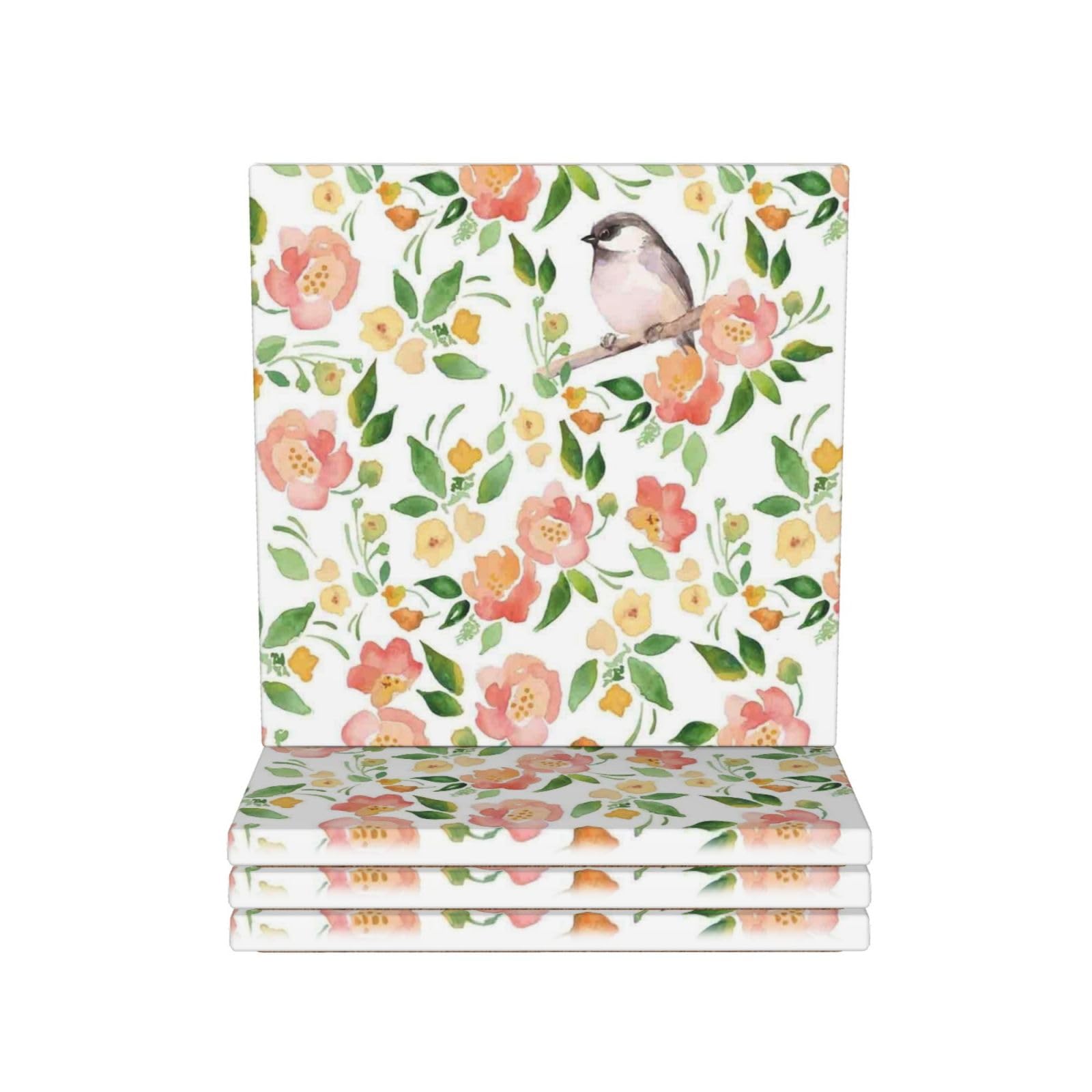 Untersetzer aus Keramik mit Blumen- und Vogelmotiv, 4 Stück