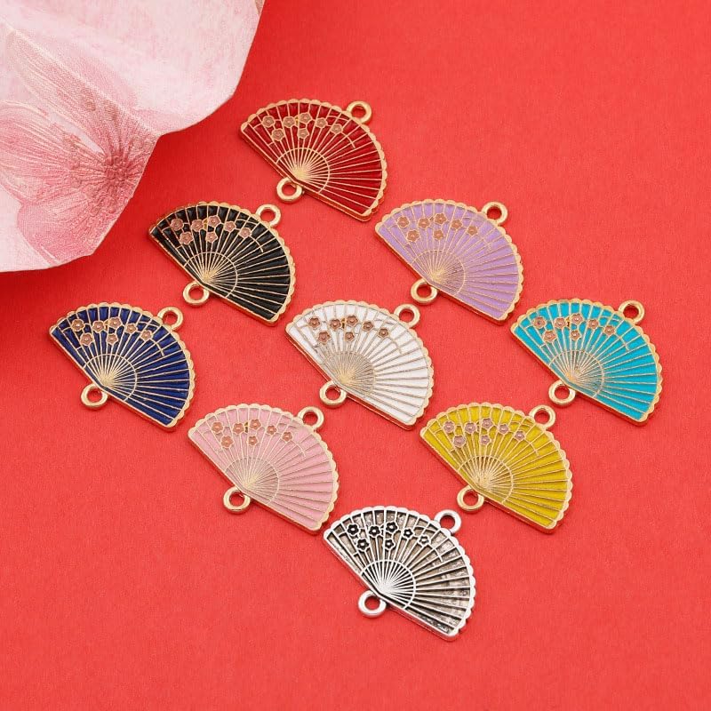Acxico 45pcs Chinese Style Alloy Enamel Flower Fan Charm Pendants - Vibrant Multi-Color Floral Designs with Golden Rims, Glossy Finish, DIY Jewelry Making Craft Accessories for Necklaces, Bracelets - Image 4