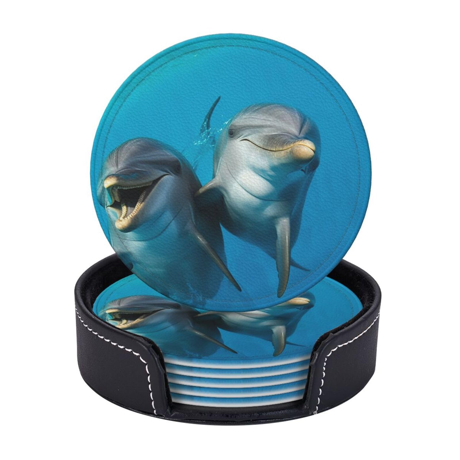 Round Coasters for Drinks Set of 6 - PU Leather Coasters with Holder - Modern Drink Coasters for Coffee Table - Smiling Face Dolphins Coaster for Tabletop Protection 4" Cup Mat Pad