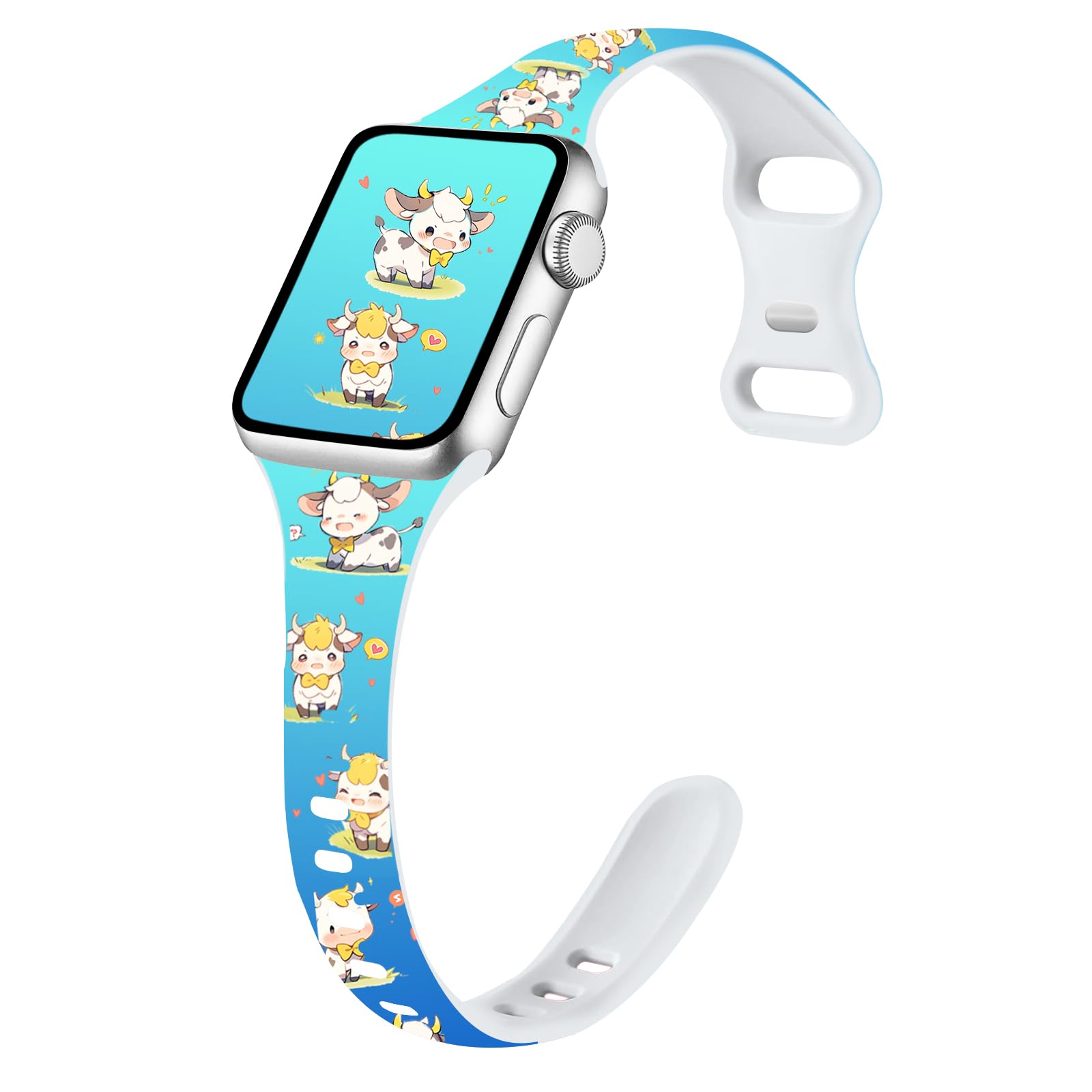 Slim Cute Cartoon Band Printed Compatible with Apple Watch Bands 49mm 46mm 45mm 44mm 42mm 41mm 40mm 38mm Women, Silicone Adorable Printed Fadeless Pattern Design Strap for iWatch Series 11 10 9 8 7 6 5 4 3 2 1SE Cow
