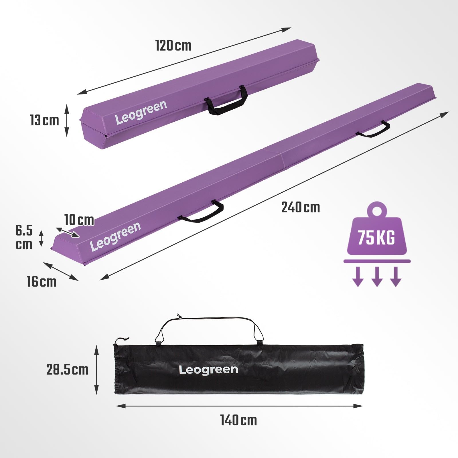 Leogreen Poutre Gymnastique Pliable 240/270cm Cuir de PU Poutre d'équilibre Equipement d'entraînement de Gymnastique avec Fond Antidérapant pour Enfants, Débutants et Gymnastes Professionnels