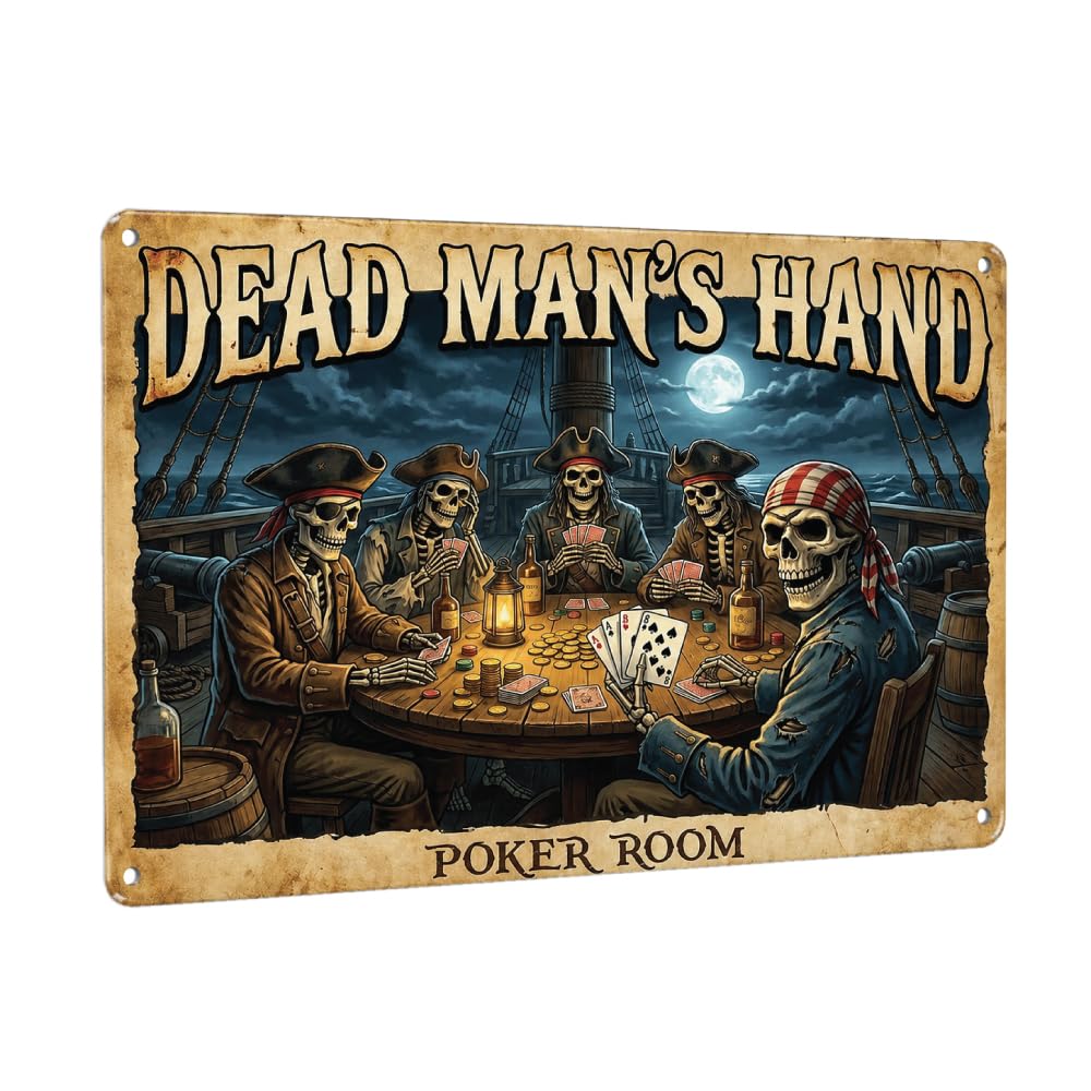 Dead Man’s Hand Aluminum Wall Sign 40 x 30 cm | Pirate Skeleton Aces & Eights Decor for Poker Room, Man Cave, Game Room or Bar