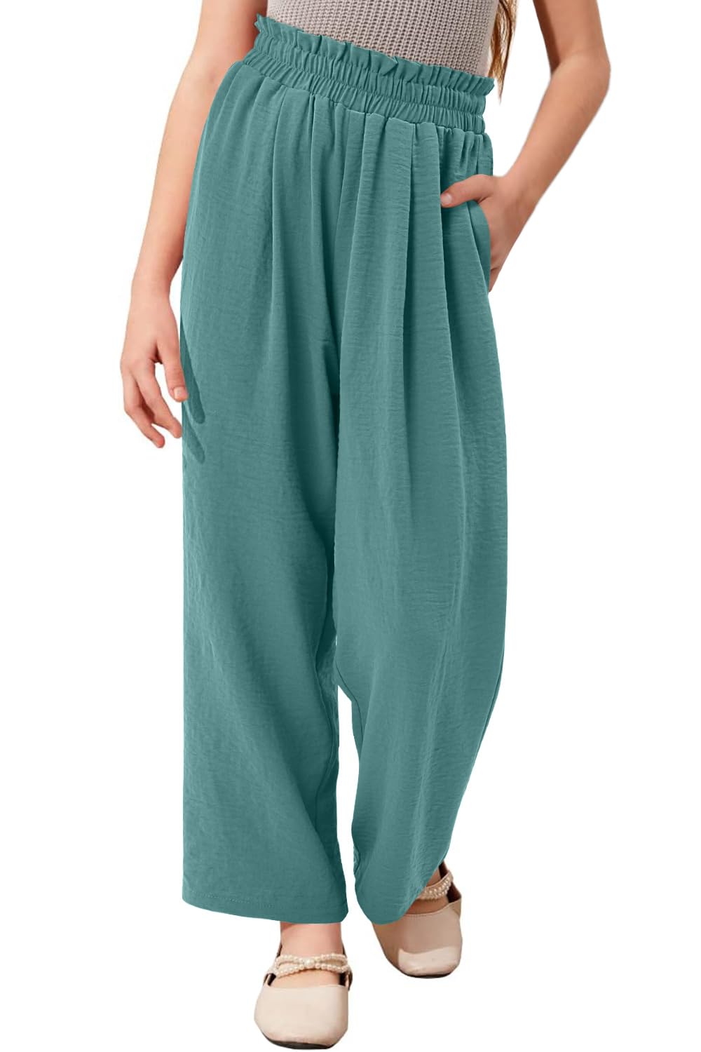 Yoklass Girls Casual Pants High Waist Wide Leg Flowy Loose Long Trousers 4-14 Years