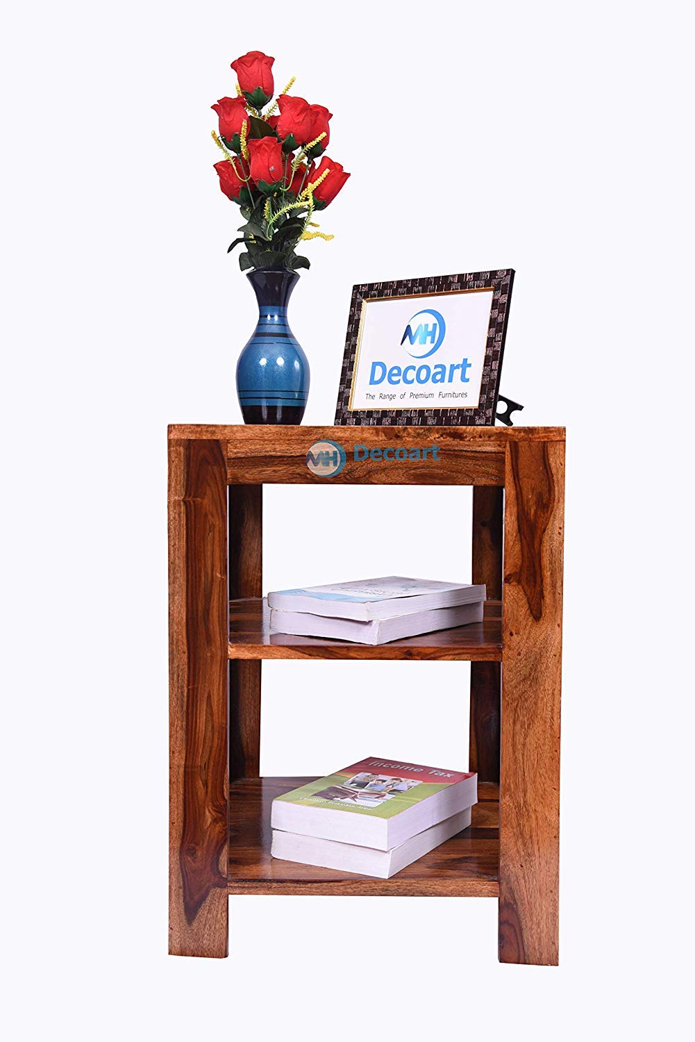 mh decoart solid sheesham wood 2 tier book shelf | multipurpose bedside end table with storage | wooden bookcase display rack furniture for living room, library, office and home (natural brown finish)