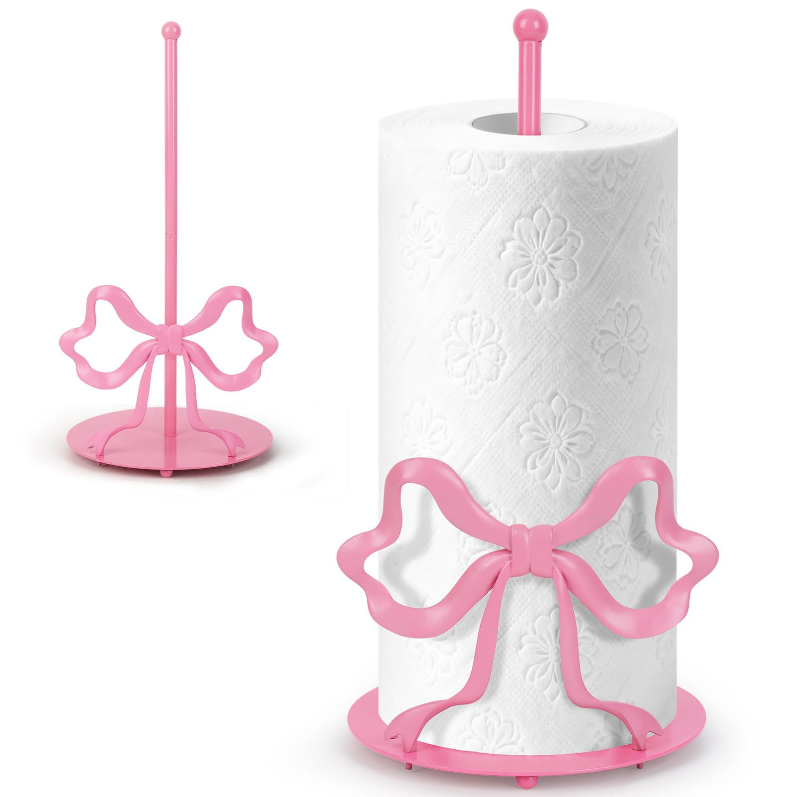 Trendy Pink Bow Paper Towel Holder Stand, Cute Metal Kitchen Decor Accessories, Freestanding for Coquette Home Party Bathroom Countertop